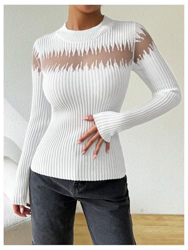 Image of MakeMeChic Women's Crew Neck Fitted Sweater Sheer Mesh Long Sleeve Knit Top