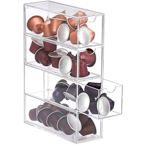 DAIRYCOF 1 Stück Aufbewahrungsschublade für Kaffeekapseln-transparenter Kaffeekapselhalter-Kompatibel mit Nespresso Kapseln-24.7 x 17.6 x 6,6 cm-Acryl Aufbewahrung mit 4 Schubladen (1, Transparenter)
