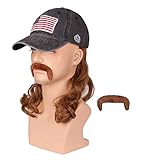 FantaLook Medium Brown Wavy 80s Mullet Hat Wig with Mustache for 4th of July Party and Halloween