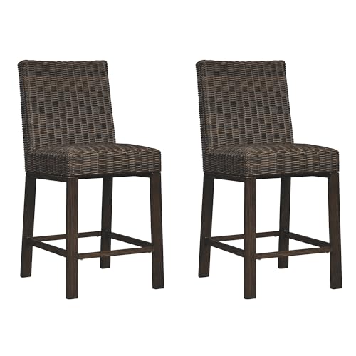 Signature Design by Ashley Paradise Trail Outdoor 27.5\" Wicker Patio Barstool, 2 Count, Brown