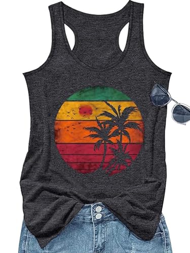 Vintage Mandala Graphic Tank Tops for Women Summer Beach Graphic Loose Tanks Vest Vacation Racerback Tank Cami (US, Alpha, Large, Regular, Regular, Dark Grey)