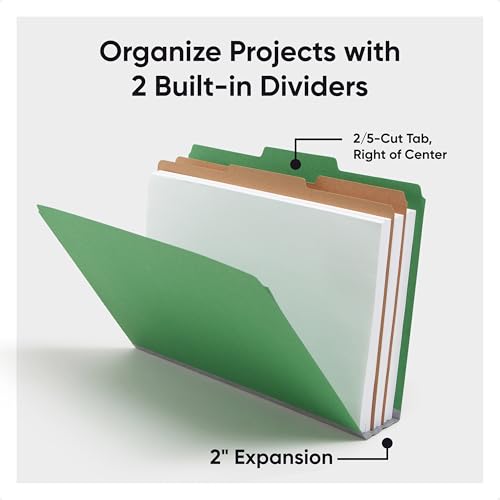 Smead Pressbrett-Klassifizierungsmappe mit SafeSHIELD-Verschlüssen, 2 Trennwänden, 2 Zoll Erweiterung, rechtliche Größe, grün, 10 Stück pro Box (19033)