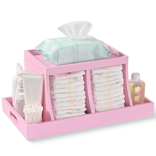 Image of Three colors Diaper Organizer, Wooden Diaper Caddy Organizer, Changing Table Organizer, Diaper Storage Organizer, Nursery Baby Organization Pink