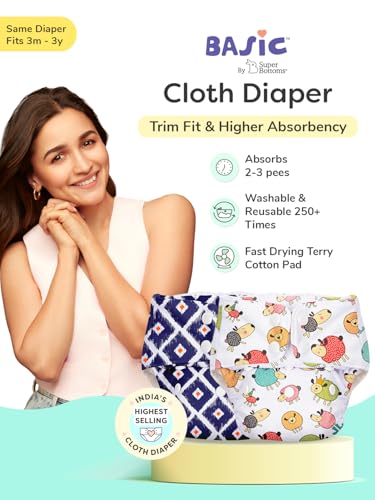 Image of SuperBottoms BASIC Cloth Diaper Combo | 2 Reusable Diapers + 2 UltraThin Dry Pads + 5 Disposable Top Sheets | Adjustable, Washable, Rash-Free & Eco-Friendly for Babies (3M-3Y).