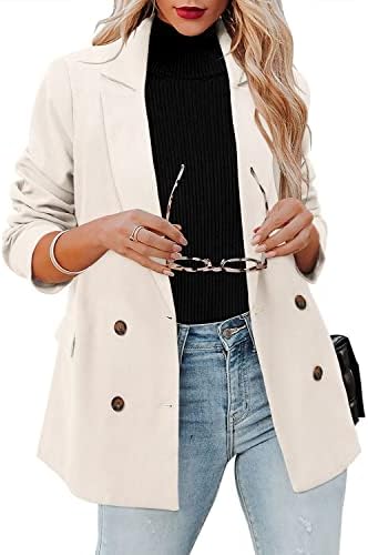 CRAZY GRID Womens Double Breasted Blazer Jackets Long Sleeve Open Front Suit Jacket Business Casual Dressy Blazer Lapel Ladies Work Office Blazer Pear White Large
