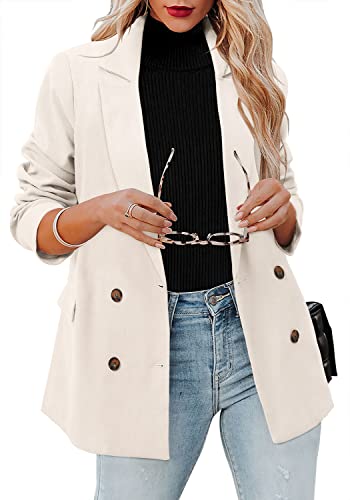 Crazy Grid Womens Double Breasted Blazer Jackets Long Sleeve Open Front Suit Jacket Business Casual Dressy Blazer Lapel Ladies Work Office Blazer Pear White Large #TOP5