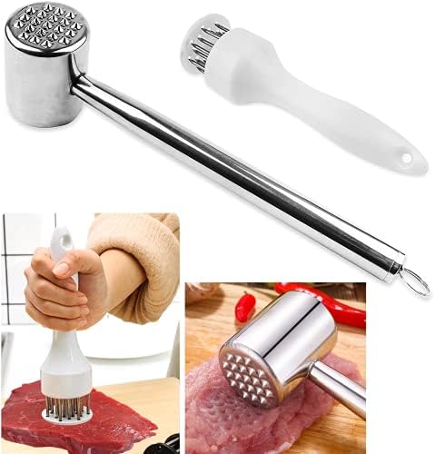 Vandicka Meat Tenderizer Mallet Set of 2 - Stainless Steel Dual Sided Meat Hammer for Flattening & Pounding Beef Lamb Chicken Steak & Needle Meat Hole Puncher for Flavor Marinade