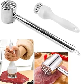 Vandicka Meat Tenderizer Mallet Set of 2 - Stainless Steel Dual Sided Meat Hammer for Flattening & Pounding Beef Lamb Chicken Steak & Needle Meat Hole Puncher for Flavor Marinade