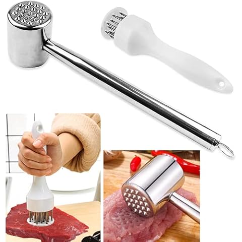 Vandicka Meat Tenderizer Mallet Set of 2 - Stainless Steel Dual Sided Meat Hammer for Flattening & Pounding Beef Lamb Chicken Steak & Needle Meat Hole Puncher for Flavor Marinade Cover