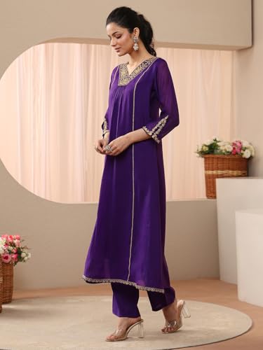 Image of Libas Embellished Silk Blend A Line Kurta With Trouser and Dupatta | ethnic wear | bridal suit | wedding dress | occasion wear