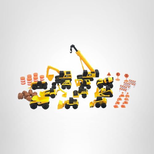 CAT Construction Toys, Little Machines Mega Set &ndash; 40+ Pieces with XL Crane & Excavator, 10 Mini Vehicles, Road Signs, Cones, Boulders & Barricades, Indoor/Outdoor STEM Toy for Kids Ages 3 +