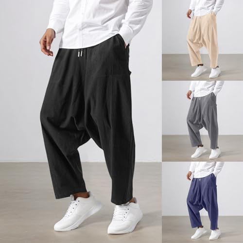 Pantalones de lino para hombre con corte moderno de piernas anchas y refinado diseño harén liso 2