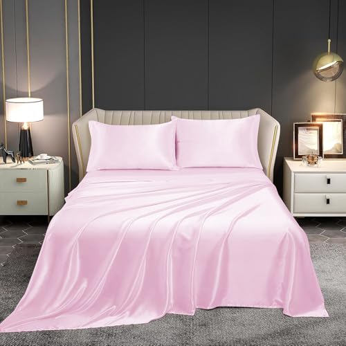 Image of Homestan Satin Bedsheet for King Size Bed with 2 Pillow Covers, Modern Bed Sheet for Romantic Nights(100x108 inches, Baby Pink)
