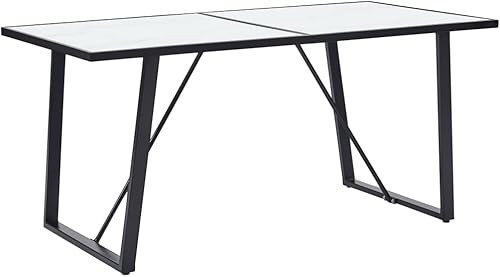 Mesa de comedor moderna de vidrio templado de 63 x 31.5 pulgadas, diseño de mármol blanco, isla de cocina, mesa auxiliar estrecha con marco de metal