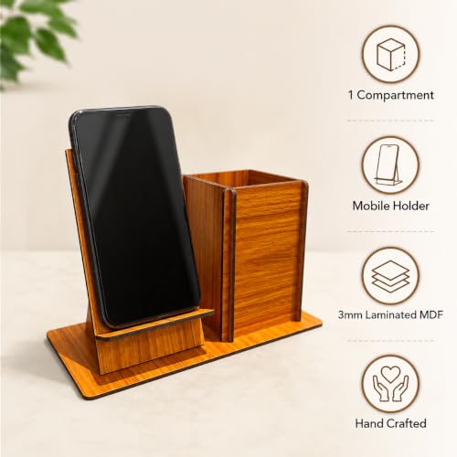 Image of Zesta Wooden Desk Organizer Pen Stand Remote Holder Card Slot | Table Accessory Office Desk Study Room | Pencil Storage Stand Stylish Workspace Decor (Nainteek, Mobile Holder + Pen Holder)