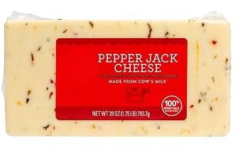 Monterey Jack cheese block is studded with fiery bits of hot pepper and jalapeno that add just the right amount of bite to your burritos. Spice things up into tacos, enchiladas, or grated onto a salad. Add some sizzle to your Sunday brunch omelet with just a whisper of peppery, cheesy goodness. [ 28 oz , 1.75 lb ]