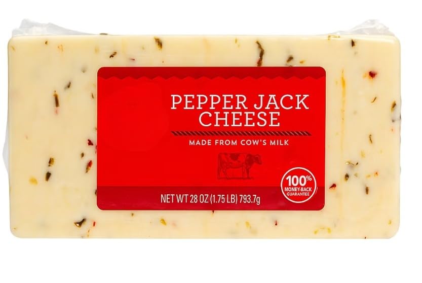 Monterey Jack cheese block is studded with fiery bits of hot pepper and jalapeno that add just the right amount of bite to your burritos. Spice things up into tacos, enchiladas, or grated onto a salad. Add some sizzle to your Sunday brunch omelet with just a whisper of peppery, cheesy goodness. [ 28 oz , 1.75 lb ]