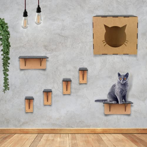 BOXFAN Kit Brinquedo Para Gato, 7 Peças em Mdf Com Carpete, Nicho, Prateleira, Degraus Escadinha, Pa