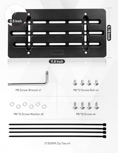 RED WOLF Front License Plate Holder No Drill Holes Frame Mounting, License Plate Tag Bracket with Zip Ties Anti-Theft Screws Installing Kit, Universal for Cars Trucks SUV Front Rear Bumper Frame - 5