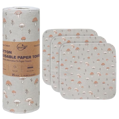 Paper Towels Washable Roll: 25Pack Cotton Cloth Paper Towels 11.8x11.8In Absorbent Soft Flannel Paperless Towels (Mushroom)