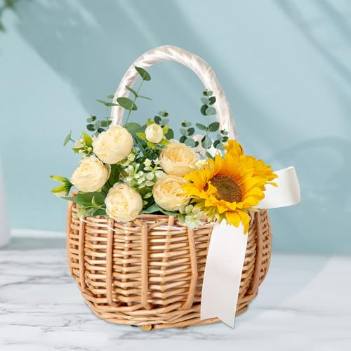 Sctmda Geflochtener Blumenkorb Streukorb Rattankorb Wicker Rattan Basket Hochzeit Streukorb Blumenmädchen Körbchen Obstkorb Weidenkorb Geflochtener Korb Blumenkorb für Hochzeit Garten Deko 1 Stücke