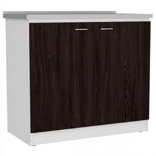 Image of Tuhome Napoles Utility Sink Cabinet for Kitchen Use with Integrated Stainless Steel Sink and Stainless Steel Countertop, Double Door Storage Cabinet with Interior Shelf for Kitchen, Laundry or Utility