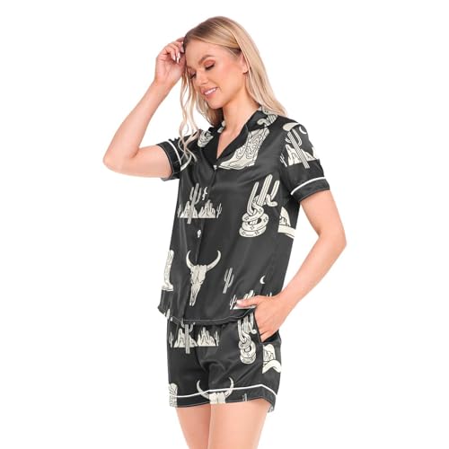 Image of Womens Silk Satin Pajamas Set Western Theme Womens Short Sleeve Shorts Set 2 Piece Sleepwear Lounge Set S-XXL
