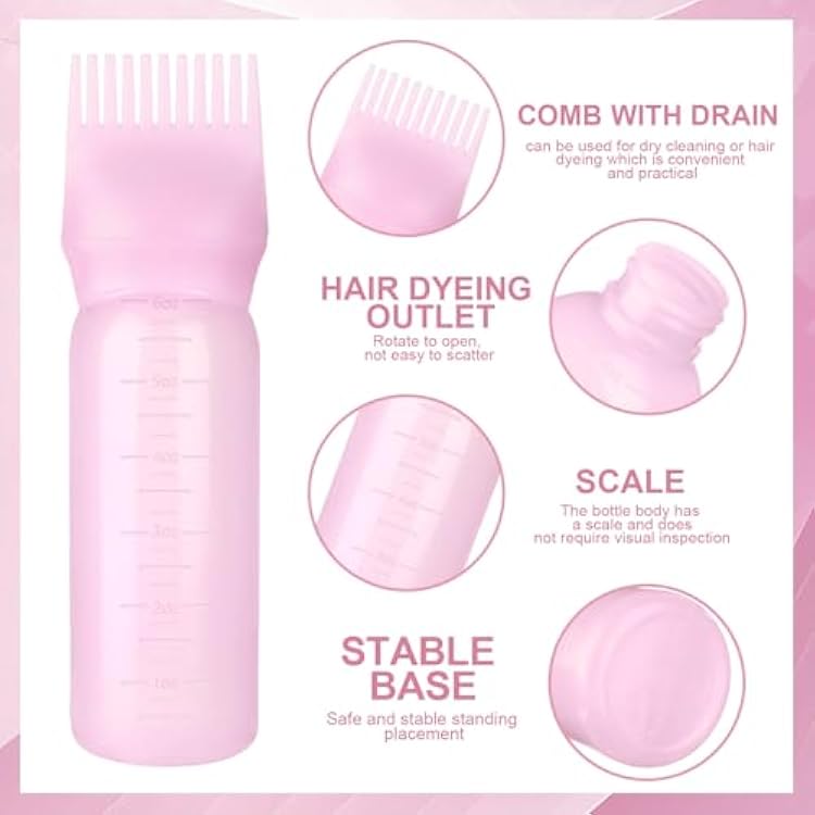 Root Comb Applicator Bottle Oil Applicator for Hair Dye Hair Oiling Bottle with 2 Type Caps and Graduated Scale, 6 Ounce (Pink)