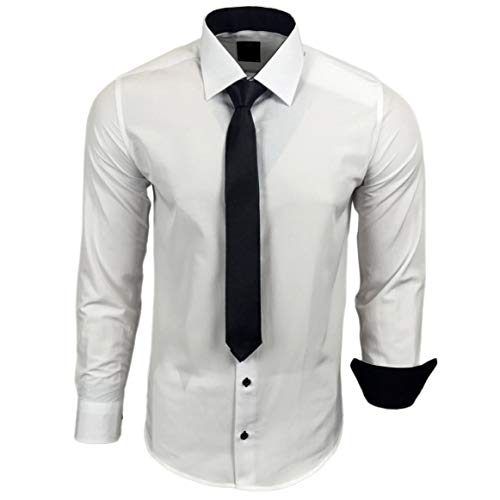 Baxboy 444-BK Herren Kontrast Hemd Business Hemden mit Krawatte Hochzeit Freizeit Fit, Farbe:Weiss/Schwarz, Größe:XL