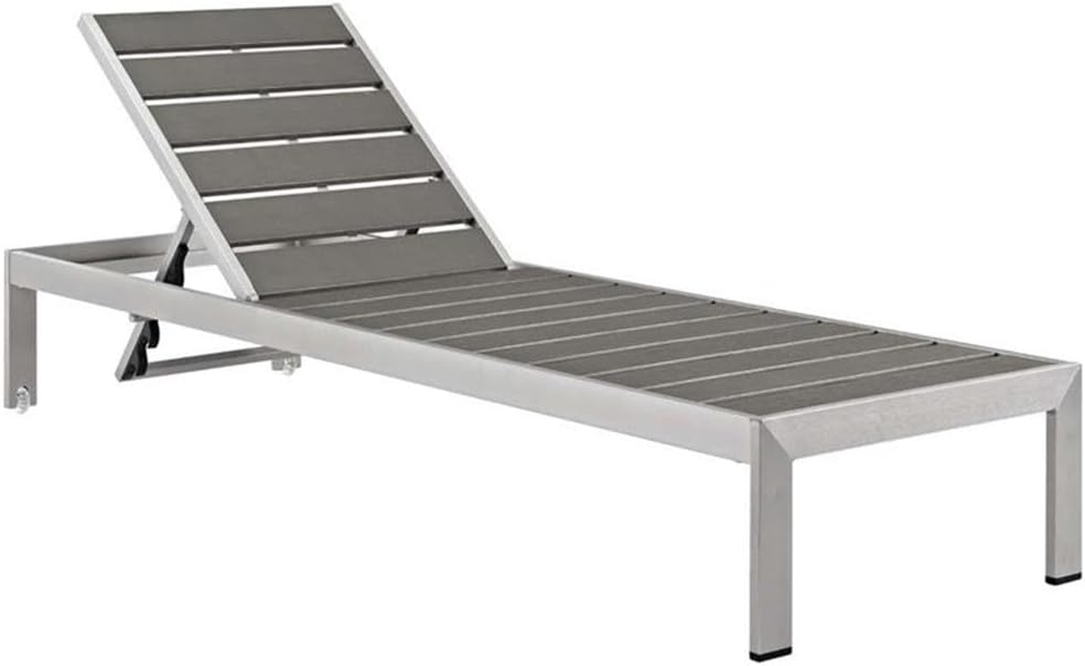 Pemberly Row Outdoor Reclining Patio Chaise Lounge, 76"D x 25"W x 12"H, Plastic Wood and Aluminum, Silver and Turquoise Finish, Height Adjustable with Wheels, All-Weather Cushions, Minimalist Design