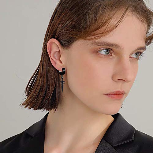 Unisex Gothic Punk Black Stainless Steel Non Pierced Dagger Cross Sword Dangle Clip On Hoop Earrings Non-Piercing Jewelry Gift For Men Women Teens (Black-No Pierce Cross Sword) #TOP2