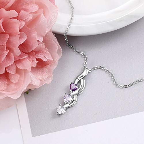 Tian Zhi Jiao Personalized 3 Names Simulated Birthstone Necklace For Mothers Custom Heart Drop Pendant Engraved Name Necklace For Women (Silver) #TOP4