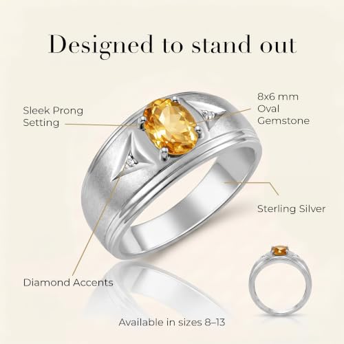 Image of Rylos Men's Rings Classic Design 8X6MM Oval Gemstone & Sparkling Diamond Ring - Color Stone Birthstone Rings for Men, Sterling Silver Rings in Sizes 8-13. Elevate Your Style with Timeless Elegance!