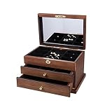 HJUIK Household 3-Layer Wooden Jewelry Storage Box with Lock Retro Earrings Necklace Bracelet Jewelr