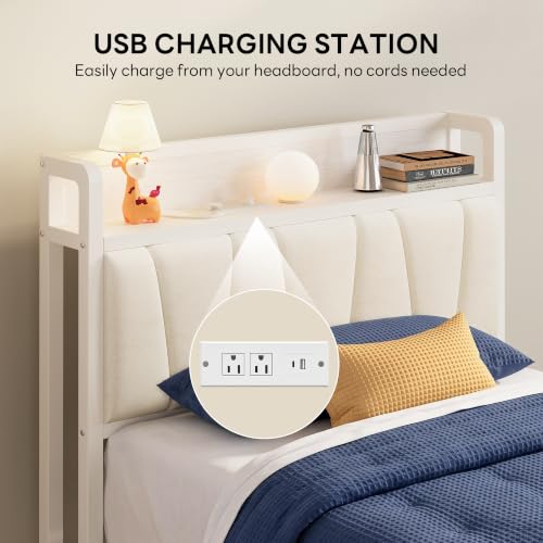 Image of LIKIMIO Twin XL Bed Frames, PU Leather Storage Headboard with Charging Station, Solid and Stable, Noise Free, No Box Spring Needed, Easy Assembly, White
