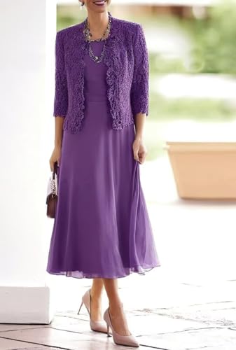 Tea Length Mother of The Bride Dresses for Wedding with 3/4 Sleeves Chiffon Formal Evening Dresses with Jacket2