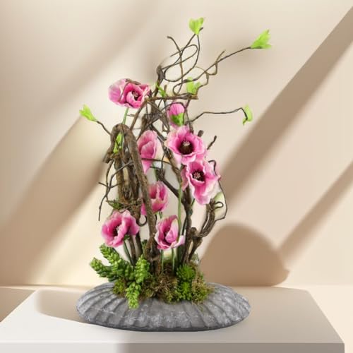 Centro de mesa de amapolas rosadas artificiales con ramas y suculentas para decoracion 3