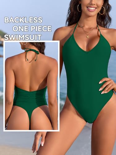 SHEKINI Einteiliger Badeanzug Damen V-Ausschnitt Neckholder Lace-Up Rückenfreier Badeanzug Ruched Back High Cut Sexy Tanga Monokini Bademode Swimsuit