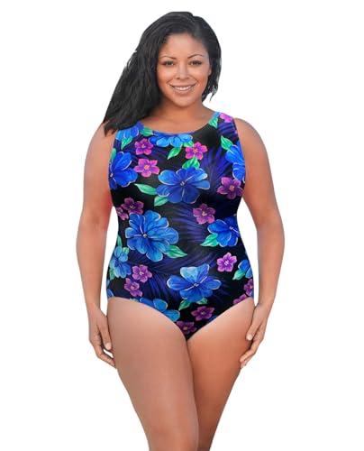 AQUAMORE Chlorine Resistant Print High Neck Plus Size Swimsuit - 217 AQM Wild Blossom - 20W
