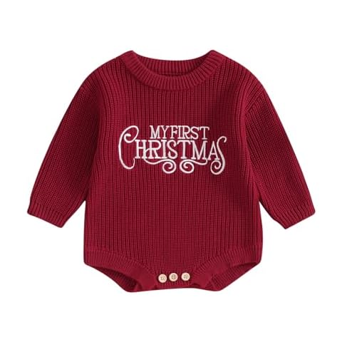 Newborn Baby Girl Boy Christmas Knit Sweater Romper One Piece Bodysuit Pullover Merry Christmas Fall Winter Clothes (C Red, 0-3 Months) Cover