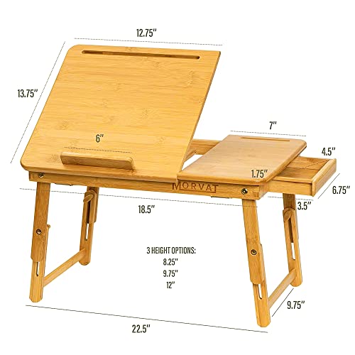 Morvat Bamboo Folding Laptop Lap Desk With Tilting Surface & Magnetic Drawer, Adjustable Writing Table & Bed Tray For Bedroom, Office & Couch, Holds Books Phones & Tablets, Includes Drawing Sketchpad #TOP4