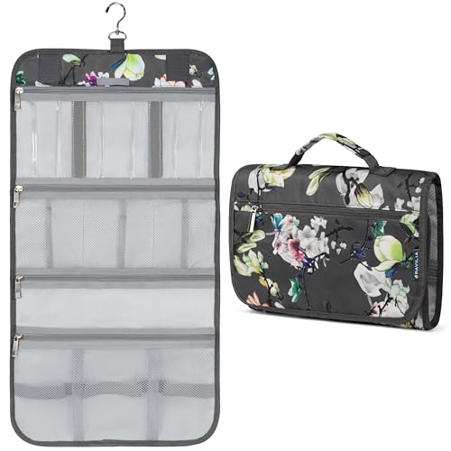 PAVILIA Hanging Toiletry Bag for Women Men, Large Foldable Toiletries Organizer with Hook, Water-Resistant Makeup Cosmetic Rollup Case, Clear Pockets for Bathroom, Gym, Cruise (Floral Grey) by PAVILIA - Used condition - US$15.37