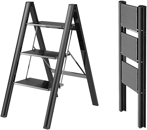 GenericAluminum Folding Ladder, 4-Step, Black, Lightweight & Portable, Ideal for Indoor/Outdoor Use