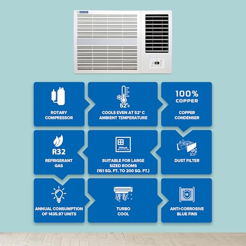 Image of Blue Star 2 Ton 3 Star Fixed Speed Window AC (Copper, Turbo Cool, Fan Modes-Auto /High /Medium /Low, Hydrophilic Blue Fins, Dust Filters, Self-Diagnosis, WFE324E, White)