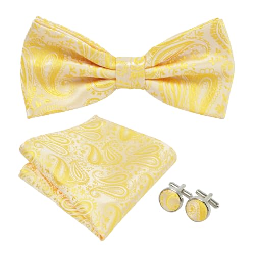 PAPA LEGGENDA Paisley Bow Tie Set for Men Pre Tied Adjustable Length Bright Yellow Pattern Bow Tie Pocket Square Cufflinks Set