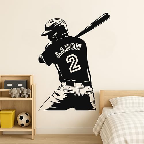 Custom Baseball Player Wall Decal – Personalized Name & Number Vinyl Sticker – Sports Room Decor – Baseball Wall Art for Kids Bedroom – Removable Athlete Silhouette Decal
