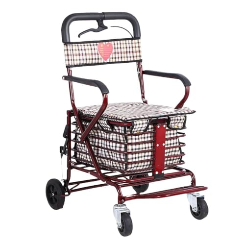 Vifxucy歩行器、折りたたみ式、軽量でスタイリッシュ、座席付き、高齢者向けのファッショナブルなショッピングカート、歩行器、コンパクトに収納、高さ調節可能、使いやすい、ブレーキ付き (ワインレッドD)