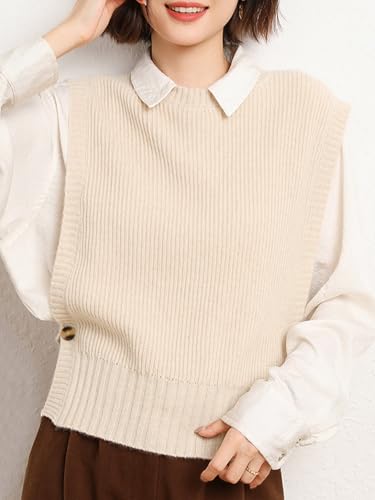 Image of Women's Sweater Vest Casual Round Neck Sleeveless Pullover Knit High Low Hem Side Button Ribbed Vest Top