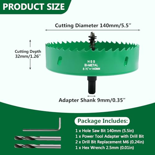Image of 5.5 Inches /140mm Bi-Metal Hole Saw with Arbor & Pilot Bit | Green-Coated, Cuts Fiberboard, Wood, Drywall, Plastic, Soft Metal, PVC, Cornhole Boards, For Precision Drilling