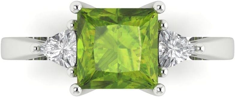 2.32 ctw Women's Engagement Ring | 18K White Gold | 7.0mm Princess Cut Natural Peridot Three-Stone Anniversary Bridal Promise Ring
